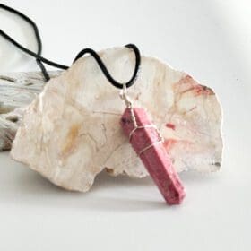 Wire-Wrapped Rhodonite Point Pendant with Faux Leather Necklace