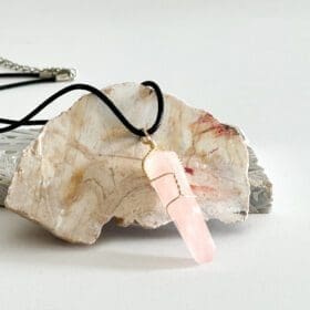 Wire-Wrapped Rose Quartz Point Pendant with Faux Leather Necklace