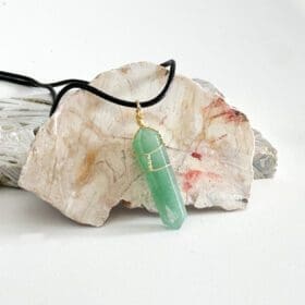 Wire-Wrapped Green Aventurine Point Pendant with Faux Leather Necklace